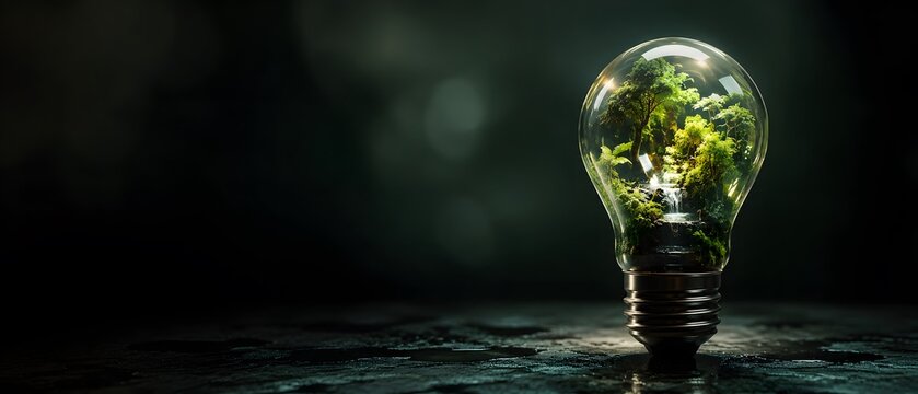 Macro close up of abstract futuristic light bulb with miniature green rainforest forest and waterfall inside, premium sustainable ecology and clean renewable energy technology banner with copy space