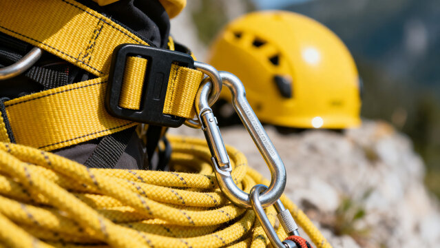 Needs to be descriptive and natural * *Draft 1* Close up of yellow climbing harness and rope with helmet in background (Too dry) * *Draft 2* Yellow climbing gear including harness, rope, and helmet