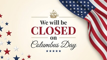 Obraz premium Columbus Day we will be closed banner with American flag and stars border