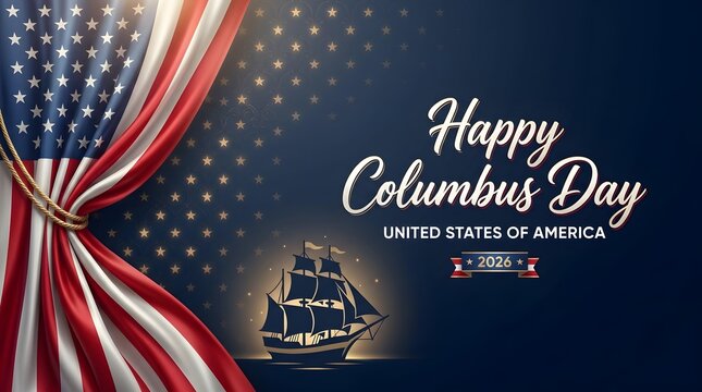Happy Columbus Day greeting banner with American flag curtain and vintage sailing ship