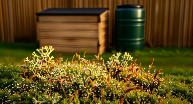 Macro Close Up of Water Dew Drops on Garden Moss with Blurred Compost Bin and Rain Barrel in Background