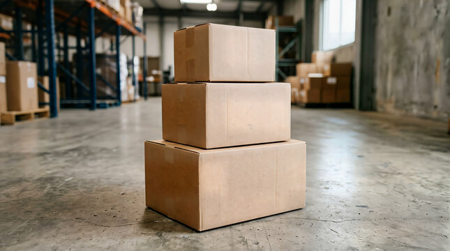 Stack of three cardboard shipping boxes on a warehouse concrete floor