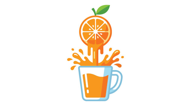 Fresh orange fruit slices pouring delicious juice into glass mug vector graphic for beverage branding design