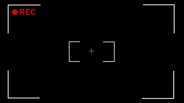 Digital camera viewfinder overlay with red recording indicator and autofocus frame reticle for cinematic filmmaking, broadcast television production, and creative media editing projects