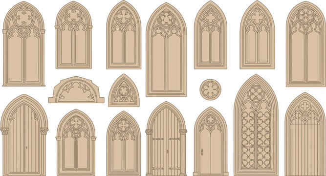 Gothic window vector set, medieval cathedral arch frames, 16 stone church door and window silhouettes, vintage architectural elements