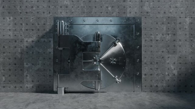 A heavy metal bank vault door slowly opens to reveal a secure room filled with piles of gold coins and stacked gold bullion bars stored on shelves in a concrete room illuminated by ceiling lights