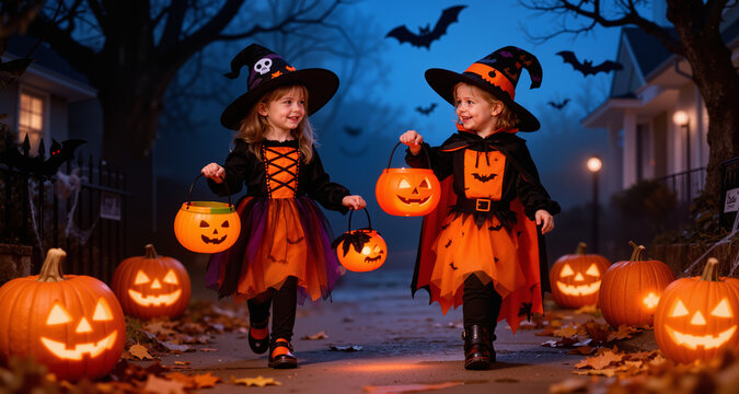 Little children trick or treating on Halloween
