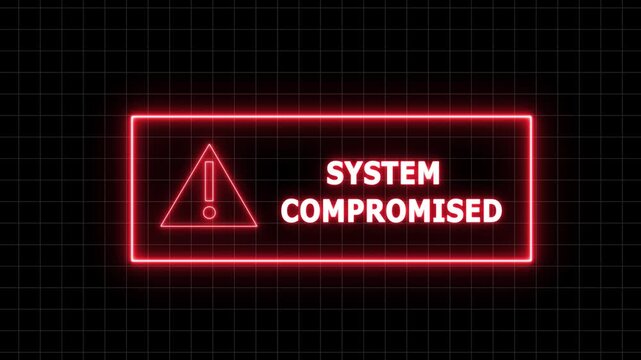 Glowing red neon system compromised warning sign on digital grid background, for cybersecurity breach, alert, data hacking, notification, network security, failure, and information, technology threat