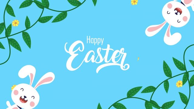 Happy easter motion graphic with cute bunny characters and green leaves with yellow flowers on blue background footage.