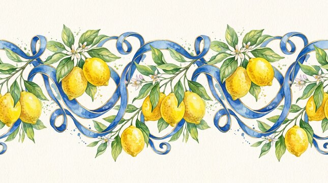 Seamless lemon and blue ribbon border in watercolor style