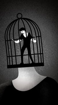 man with a cage on his head containing a miniature version of himself