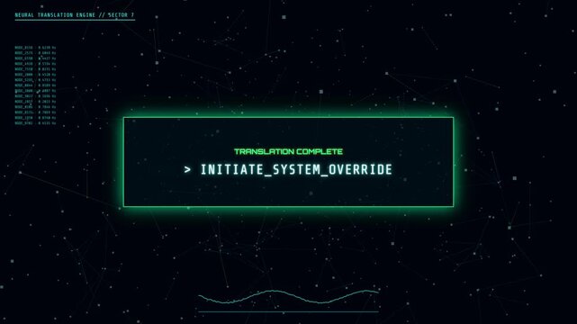 Neural Translation Engine: A futuristic digital HUD animation decoding thought patterns with glowing networks and dynamic code