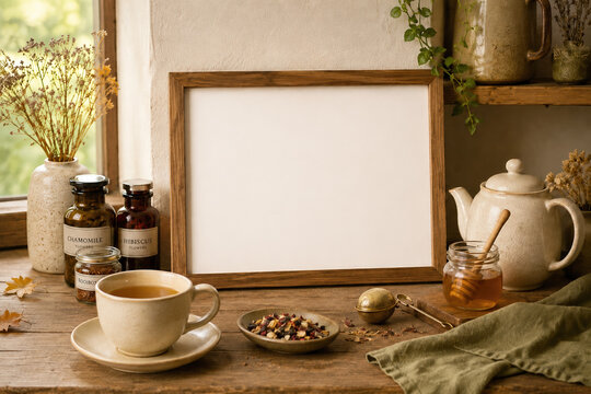 Blank wooden frame in a cozy tea setting with teapot, tea cup, honey, dried herbs and botanical decor. Ideal for posters, tea branding, menus, wall art and seasonal mockups.