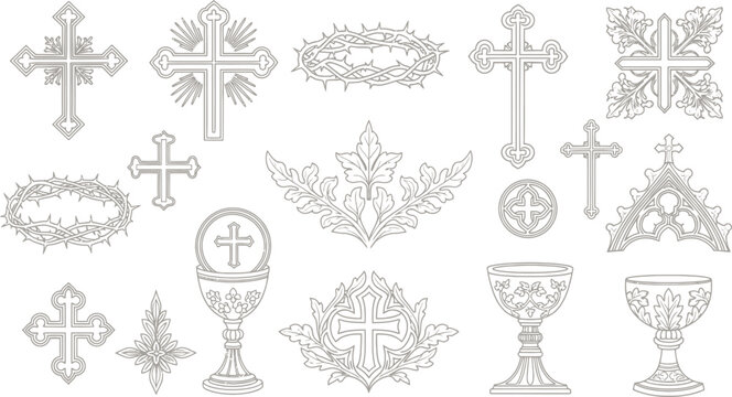 Religious Christian symbols set, ornate church crosses and holy grail icons, crown of thorns and floral liturgical vector elements