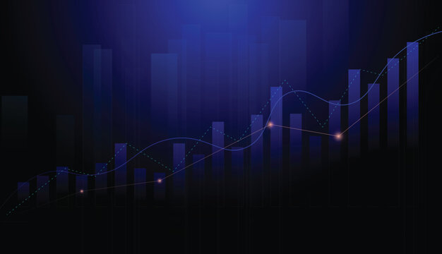 Abstract blue financial stock market growth graph background vector with bar chart and trading analytics illustration.
