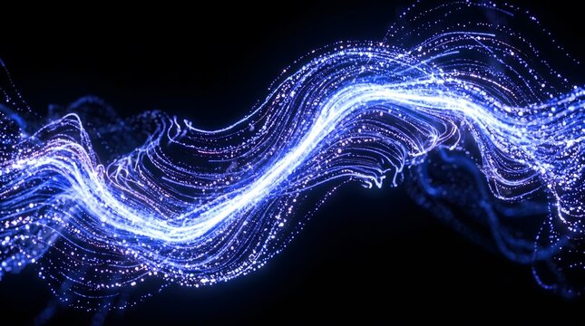 Abstract blue energy wave with glowing particles. Luminous light trail on black background. Futuristic digital motion flow for technology concepts.