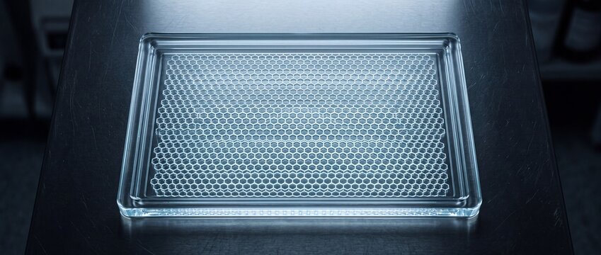 Rectangular glass tray containing delicate white honeycomb lattice grid structure resting on dark metal lab table under soft overhead blue workspace lighting.