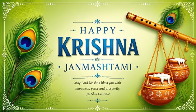 Happy Krishna Janmashtami green banner with dahi handi pots and peacock feathers