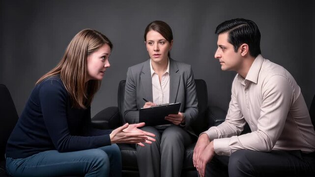 Married couple discussing relationship issues during therapy session with professional counselor. Mental health support and mediation. Medium shot with subtle panning.