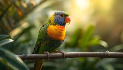 Obraz premium A colorful tropical parrot with green, yellow, blue, and orange plumage perched on a tree branch surrounded by lush foliage. Warm natural sunlight and soft bokeh create a peaceful exotic wildlife scen