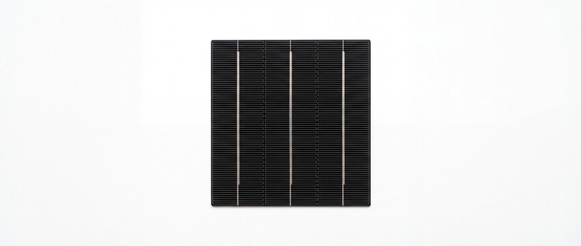 Square silicon photovoltaic cell featuring dark grid busbars isolated on white for efficient solar energy conversion systems in sustainable green power projects.