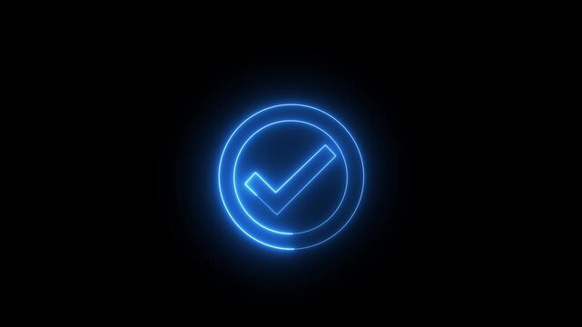 Glowing neon blue checkmark symbol animation on black background, user interface digital success confirmation, task completion, approval notifications, and modern tech