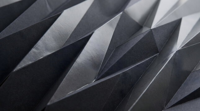 Abstract dark grey and black geometric 3D origami paper pattern with sharp triangular folds metallic glossy reflections and deep shadows for elegant minimalist modern technology background