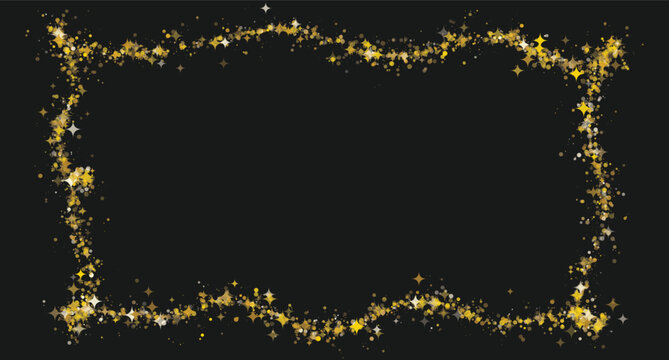 Golden star and glitter particle border on black background