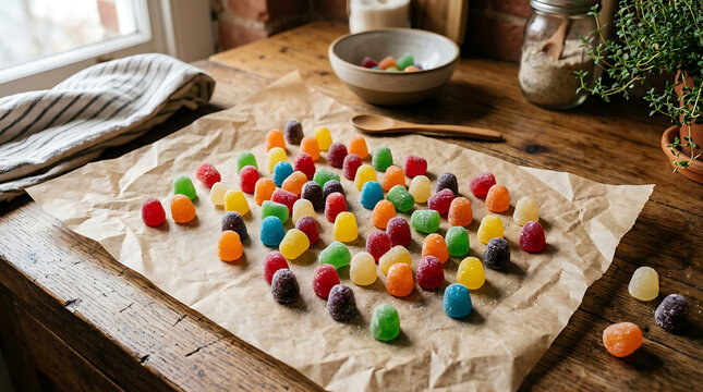 A colorful assortment of chewy gumdrops scattered on a rustic parchment paper surface, perfect for baking and treats