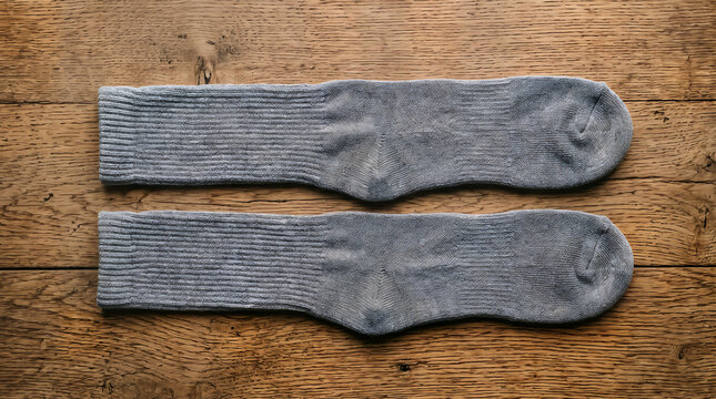 Two folded grey knitted wool socks displayed flat on a rustic wooden surface