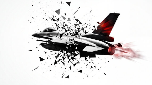 Abstract Fighter Jet Shattering Effect with Red Engine Glow on White Background