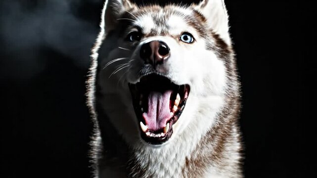 Close-up of a stunning husky dog howling and staring directly towards the camera against a black background