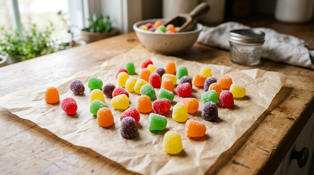 A vibrant scattering of colorful gumdrops on rustic parchment paper, showcasing a sweet confectionary delight.