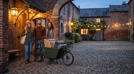 Obraz premium Friends arrive for a courtyard night gathering by cargo bike