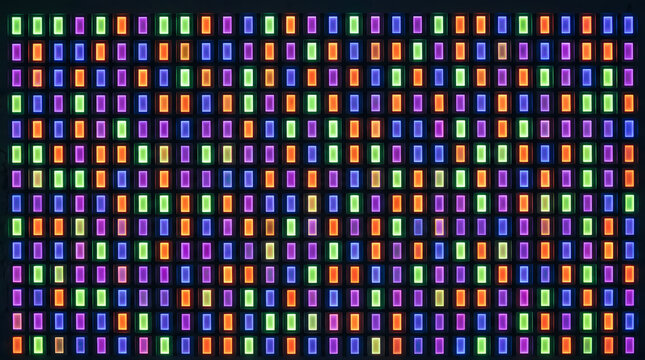 Abstract seamless neon LED screen panel grid background with glowing colorful rectangular lights pattern, futuristic digital technology display electronic cyber matrix texture art wallpaper design