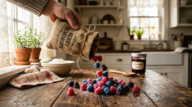 Hand pouring assorted berry gumdrops from a rustic burlap sack onto a wooden table with kitchen background