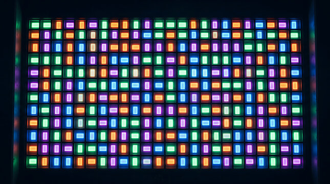 Vibrant grid of multi colored glowing neon LED light panels arranged in a seamless digital matrix display for futuristic high tech concepts and creative abstract background concept wallpapers.