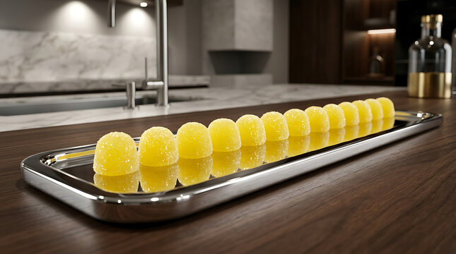 Row of bright yellow gumdrops arranged on a shiny chrome tray in a modern kitchen setting