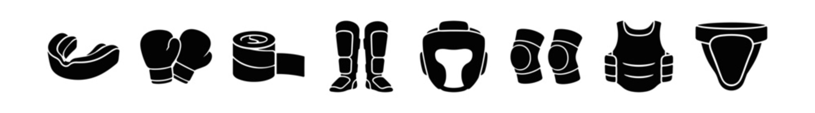 Black Boxing Equipment Icons for Protection, Strength, Resilience, and Competitive Spirit transparent background
