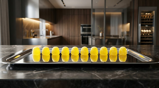 Row of bright yellow gumdrops arranged on a sleek chrome tray in a modern kitchen setting