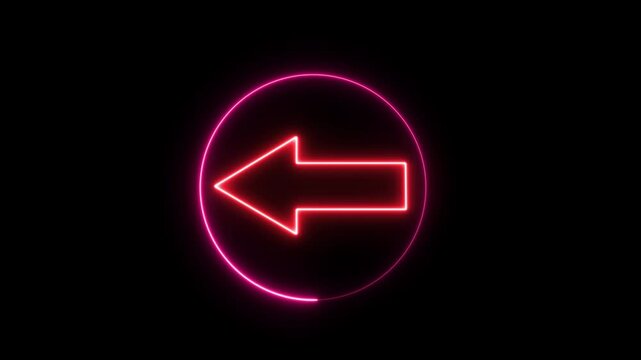 Radiant neon left arrow glowing inside a circular frame, vibrant red and pink light animation for digital interface navigation, ui modern technology motion background