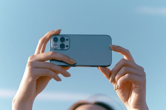 Female hands hold smartphone horizontally to capture video or photo against blue sky. Mobile photography theme, wireless connection template. Tourist roaming or social media content creation visual