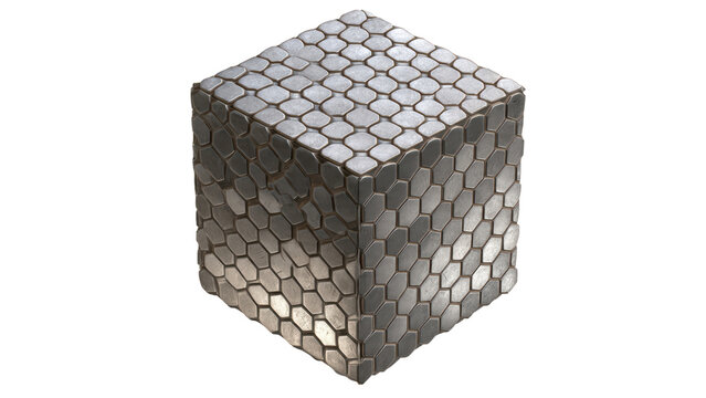 Abstract metallic hexagonal cube pattern on a transparent background for modern design and futuristic aesthetic