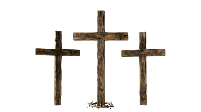Wooden crosses with a crown of thorns on a transparent background for religious design and easter themes