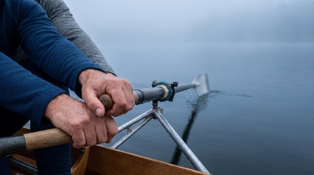 Hands guide oars through silver morning water