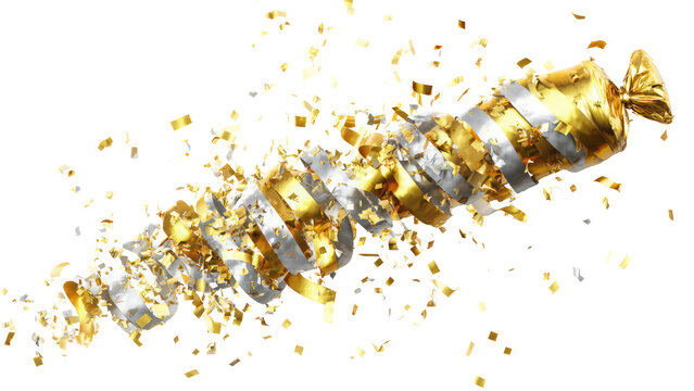 Shiny gold and silver party cracker exploding with confetti on a transparent background for festive celebration design