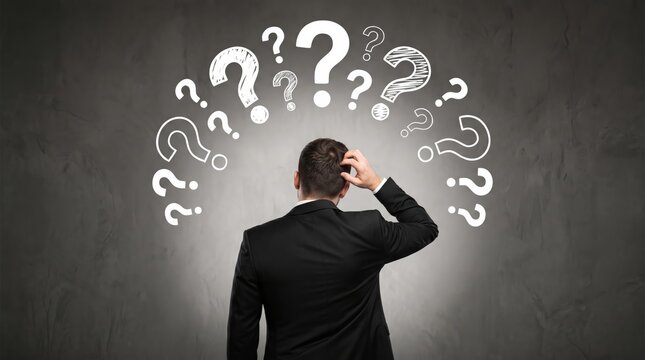 Man in a business suit contemplating a complex problem, surrounded by many question marks indicating uncertainty and the need for a solution or decision