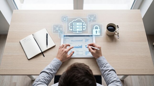 Top view of businessman working on tablet with cloud computing and security icons, analyzing digital data charts on wooden desk, remote work, modern technology interface