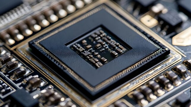 Close up of a multi die chiplet package on a circuit board  showcasing intricate semiconductor design and precise engineering details
