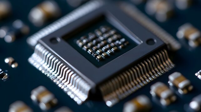 Close up of a multi die chiplet package on a circuit board with surrounding electronic components